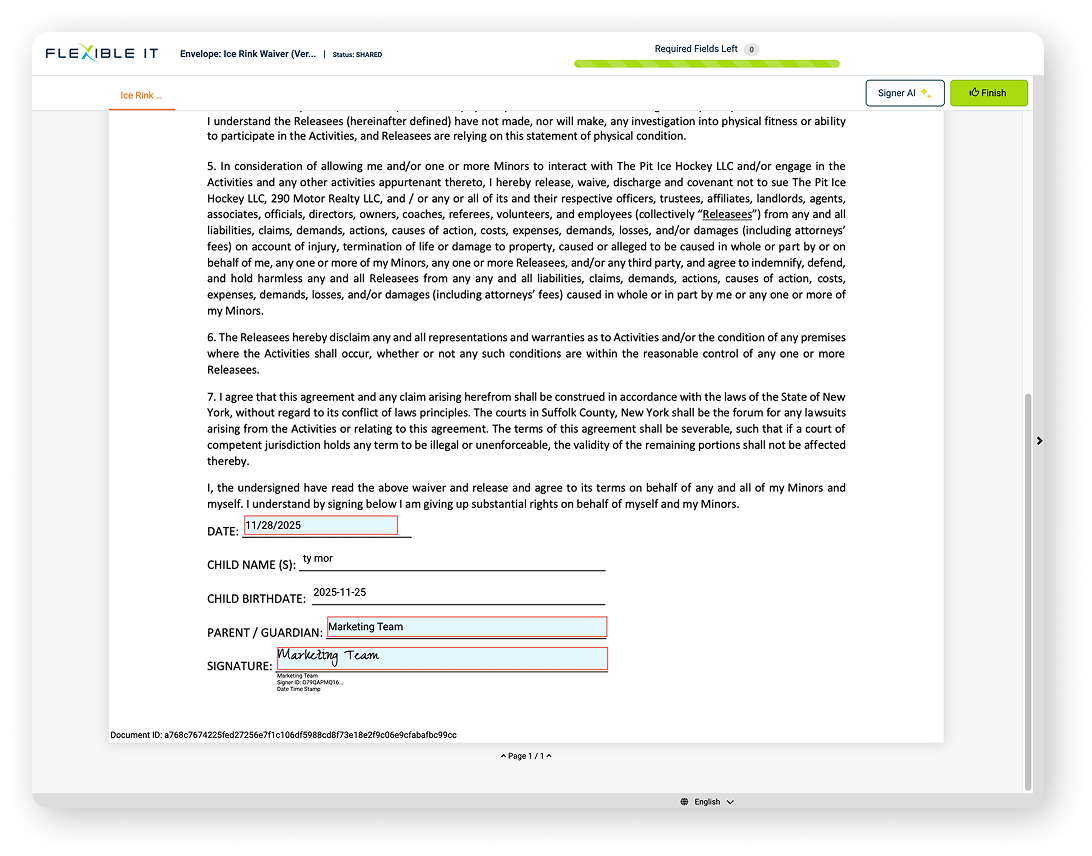 The waiver ready to be read and signed