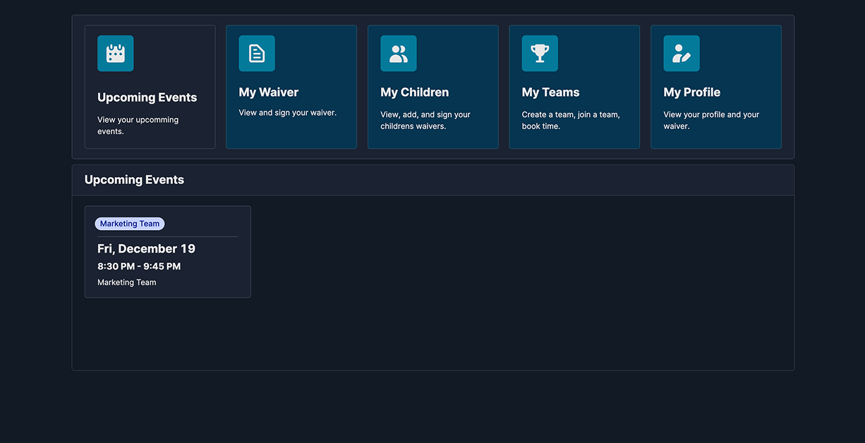 The Upcoming Events tab listing reserved times