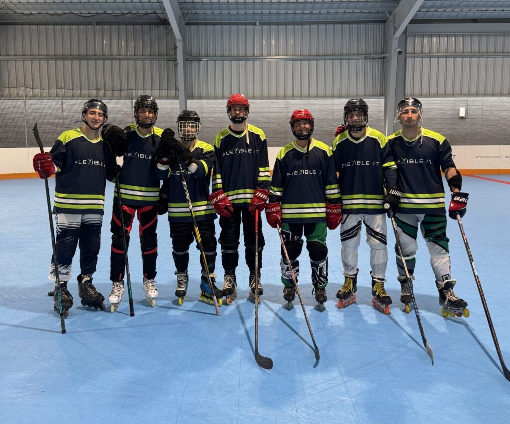A youth roller hockey team at Flexible Arena